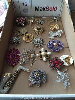 Full view of the 20 costume jewelry brooches arranged in a box with various floral and novelty designs