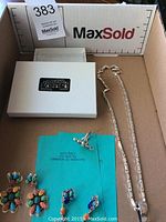 Overview of the silver jewelry lot showing the necklace, earrings, ring, and packaging box inside a MaxSold branded box.