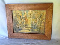 Front view showing framed oil painting on cardboard depicting forest with trees and light.