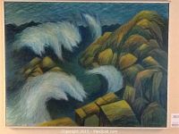 Full view of the oil on canvas painting showing ocean waves crashing on rocks with the signed corner visible.