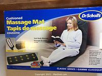 Box showing Dr Scholls Cushioned Massage Mat, Classic Series with total body massage and 5 motors.