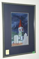 Full view of the framed watercolour painting showing the church and gravestones under dark sky.