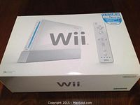 Photo of Nintendo Wii original box showing console and remote controller on front.
