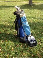 Photo of vintage Ping Mantis golf bag standing on grass with golf clubs inside and Adidas golf shoes placed beside it.