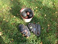 Overview of vintage bucket containing bocce balls placed on grass next to two baseball gloves.