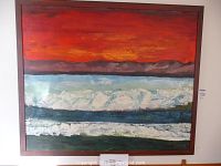Frontal view of the entire painting showing red-orange sky, ice landscape and wood frame