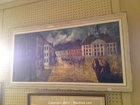 Full view of the framed oil painting depicting a street scene with buildings, people, and horse carriage.