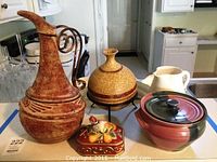 Photo showing all items together including 2 display vases, porcelain pot with lid, white pitcher, and red partridge container.