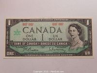 Front view of 1967 Canadian one dollar bill featuring Queen Elizabeth II and centennial markings
