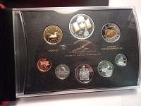 Front view of the 2005 Canadian Royal Mint proof set coins arranged in protective display case.