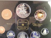 Close-up of the black display case featuring seven proof coins from 2004 Canada set with detailed engravings.