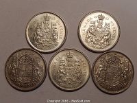 Five Canadian fifty cent silver coins arranged in a group, showing the coat of arms and dates.