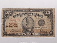 Front side of the Dominion of Canada 25 cents banknote from 1923, showing detailed engraving with a seated Britannia portrait, serial number, signatures, and denomination markings.