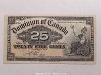 Front view of the 1900 Dominion of Canada 25 cent banknote, showing denomination, design, and textual details.