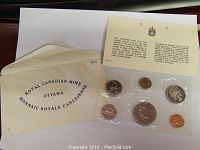 Sealed 1972 Canadian Mint proof coin set with six coins in plastic, original envelope, and information card.