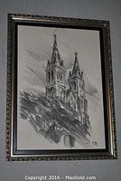 Framed sketch of cathedral towers showing full artwork and frame