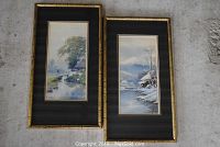 Two Asian watercolors in bamboo styled handmade frames, winter and summer scenes, showing size and condition.