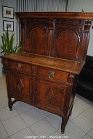Front three-quarter view of complete two-piece hutch buffet table
