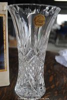 Front view of the Bristol crystal vase showing detailed cut pattern and original label on rim.