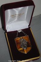 Amber religious pendant in open jewelry box showing shield shape and chain attachment