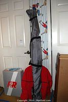 Gray nylon ski bag with black straps standing upright against a door with some ski-related wall decoration next to it. A red winter jacket and white box visible near the bottom.
