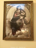 Frontal photo of the gilt framed Madonna di Foligno print showing the full artwork and frame details.