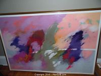 Framed original abstract pastel artwork with mixed colors and abstract forms.