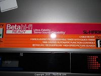 Close-up of the front and top portion of the Sony Betamax VCR box showing hi-fi ready stereo capabilities and model details.