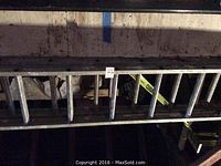 Full length view of the long aluminum extension ladder hanging horizontally showing multiple rungs and side rails in a dimly lit area.