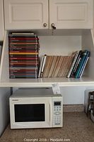 Microwave and cookbooks on a kitchen counter and shelf, showing the whole lot.
