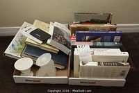 Two cardboard trays holding assorted books of various sizes and languages including French and English titles.