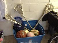 Overall view of blue plastic bin holding the lacrosse sticks and various sports balls including basketballs, volleyball, rugby ball, and others.