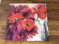 Original hand painted acrylic giclee artwork of large flowers in red, purple, and orange on 35x35 canvas