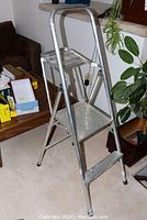 Full view of the Lite Products aluminum platform ladder showing three steps, top platform, and foldable frame.