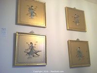 Four square gold painted bamboo style framed bas relief Chinese ladies arranged on wall