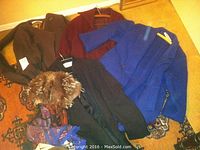 Photo showing three ladies wool coats on hangers in brown, burgundy, and cobalt blue. Assorted hats and patterned scarves are also visible on the floor.