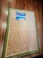 Photo of the new 30x42 area rug placed on a wood floor, showing the full rug and its pattern.