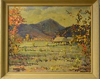 Frontal image of the unsigned landscape oil painting showing mountain, house, field, and fall foliage within a gold-tone frame.