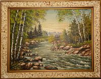 Frontal view of the oil painting by A. Kalvans showing a river flowing through a forest landscape with birch trees and rocks, framed in an ornate gold and floral frame.