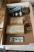 Full view of all items in original shipping box including Rolls Razor Imperial No. 2 box, brush, strop and hone boxes, extra blades box, second razor, carrying case, and instruction card.