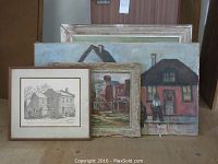 Full lot view showing three oils and framed print stacked.