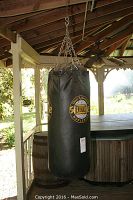 Full view of Everlast punching bag hanging by chains.