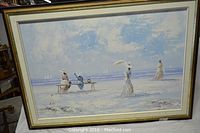 Full view of the acrylic on canvas beach scene painting showing women dressed in vintage clothing near the ocean with sailboats in the distance.