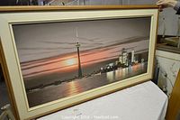 Full view of framed panoramic acrylic painting on canvas depicting Toronto skyline including CN Tower at sunset