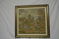 Full view of framed tapestry showing overall artwork, size, and frame condition.