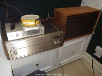 Overall setup showing amplifier, switcher, right speaker and cables