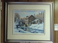 Full view of framed painting mounted on wood wall with lot tag visible