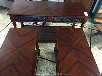 Top view of sofa table and two end tables showing herringbone patterned tops