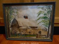 Full view of the framed watercolour painting of a barn with surrounding trees and sky