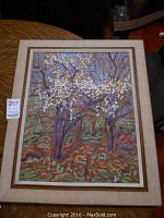 Frontal view of the framed oil painting depicting cherry trees, showing overall appearance and condition